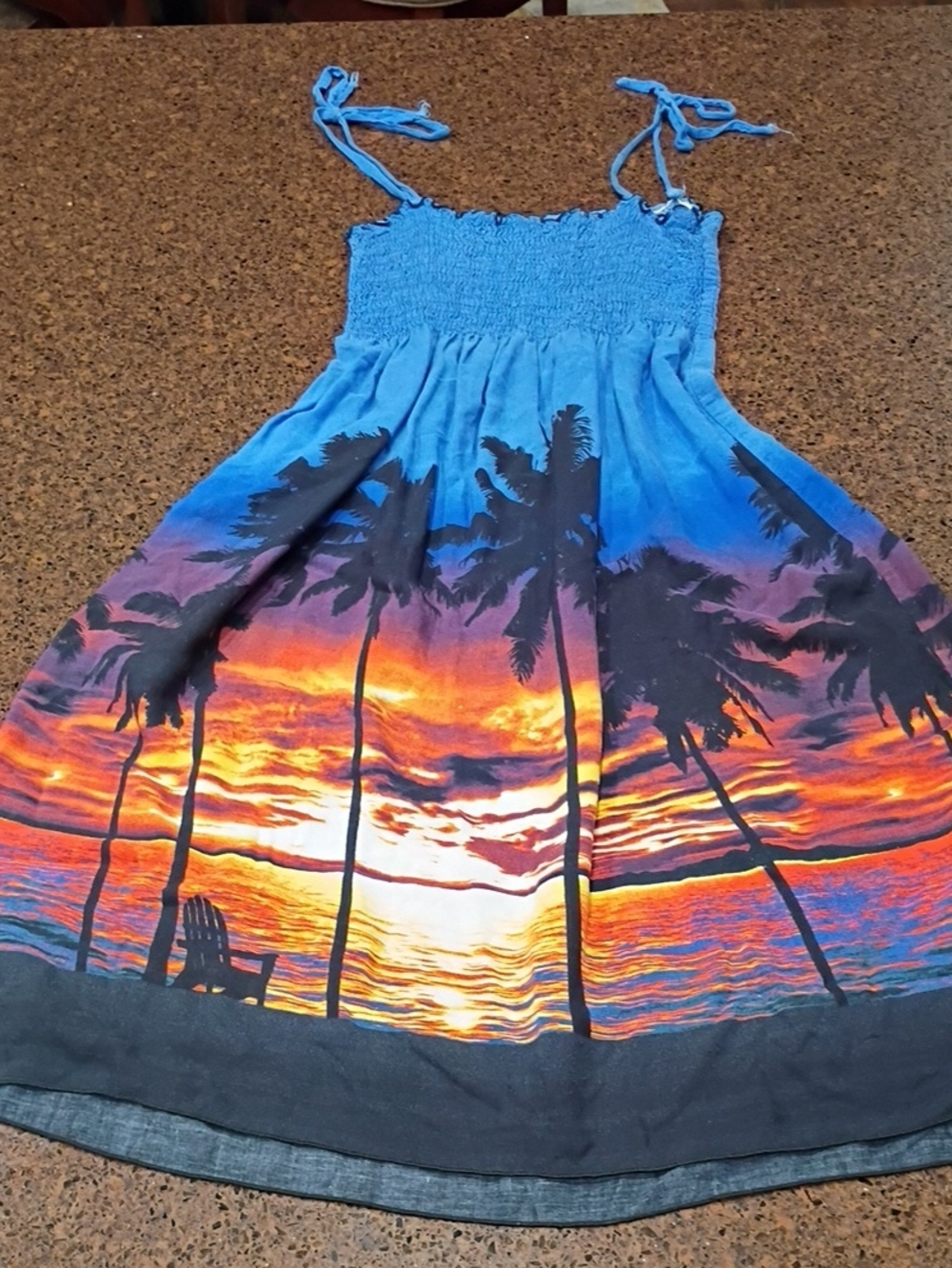 Womens Blue Tropical Midi Sunset Sundress with Palm Print Size M
